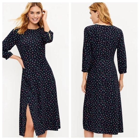 Loft Womens 10 Navy Blue Floral Slit Midi Dress New - Picture 1 of 8